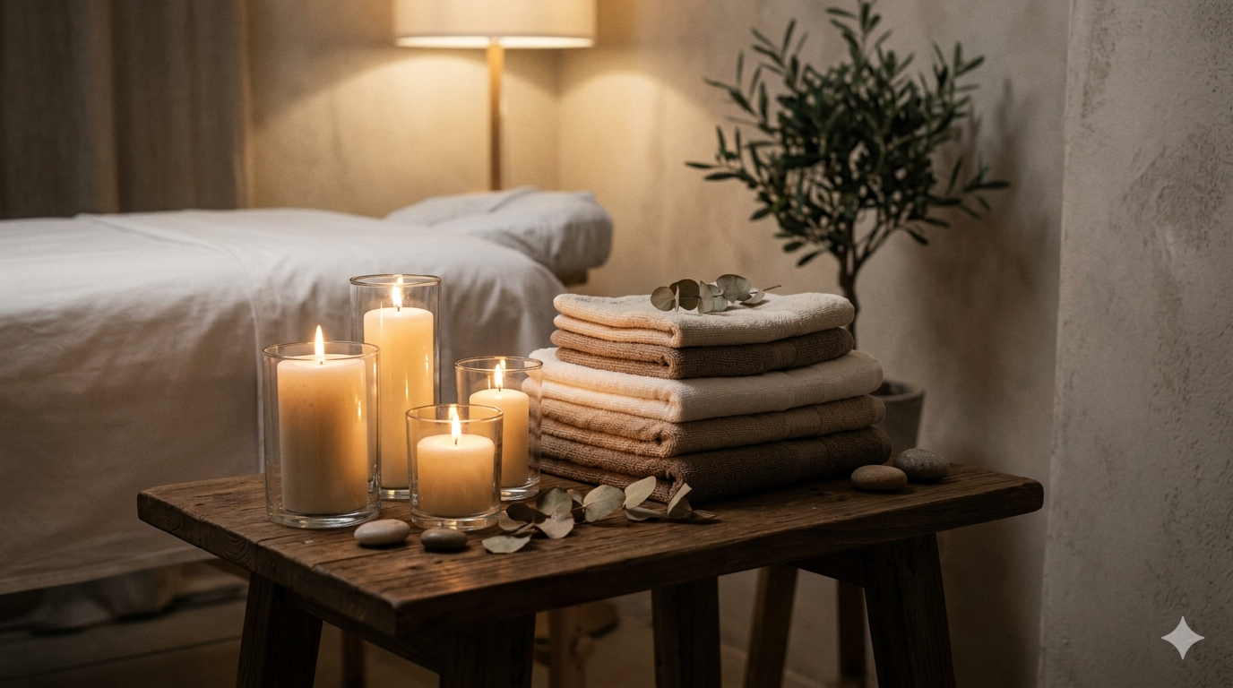 Aromatiske olier og håndklæder klar til behandling